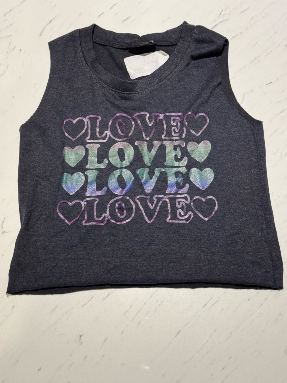 Firehouse Girls 4T Crop Graphic Tank 'Love' Heart Print, Black Purple Teal NWT